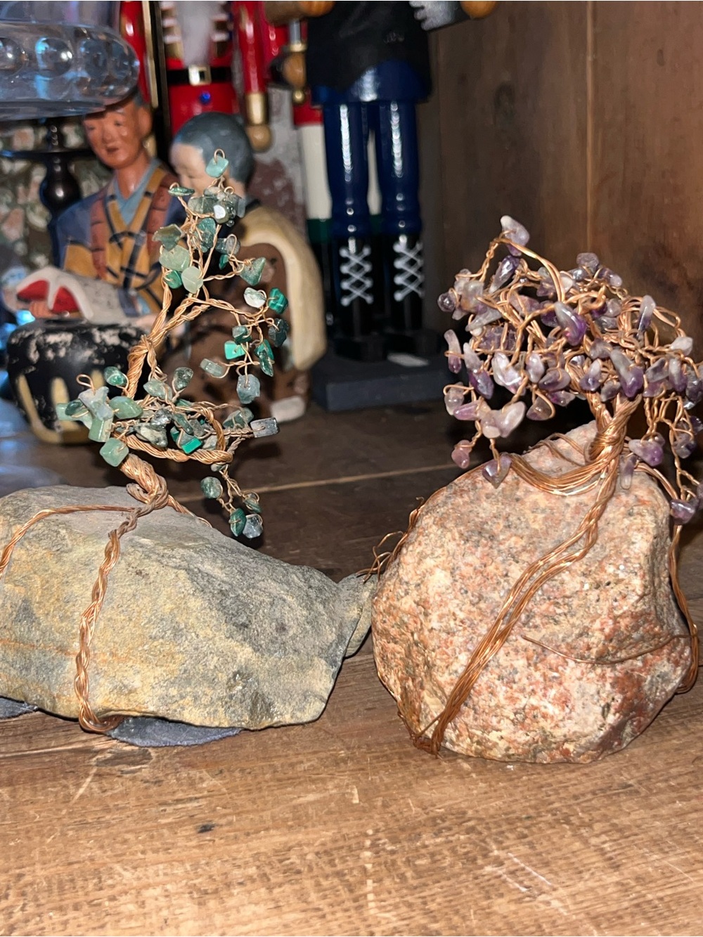 Vintage Mini Jade Glass Wire Tree In Quartz Amethyst Cluster Base  6” & 5”